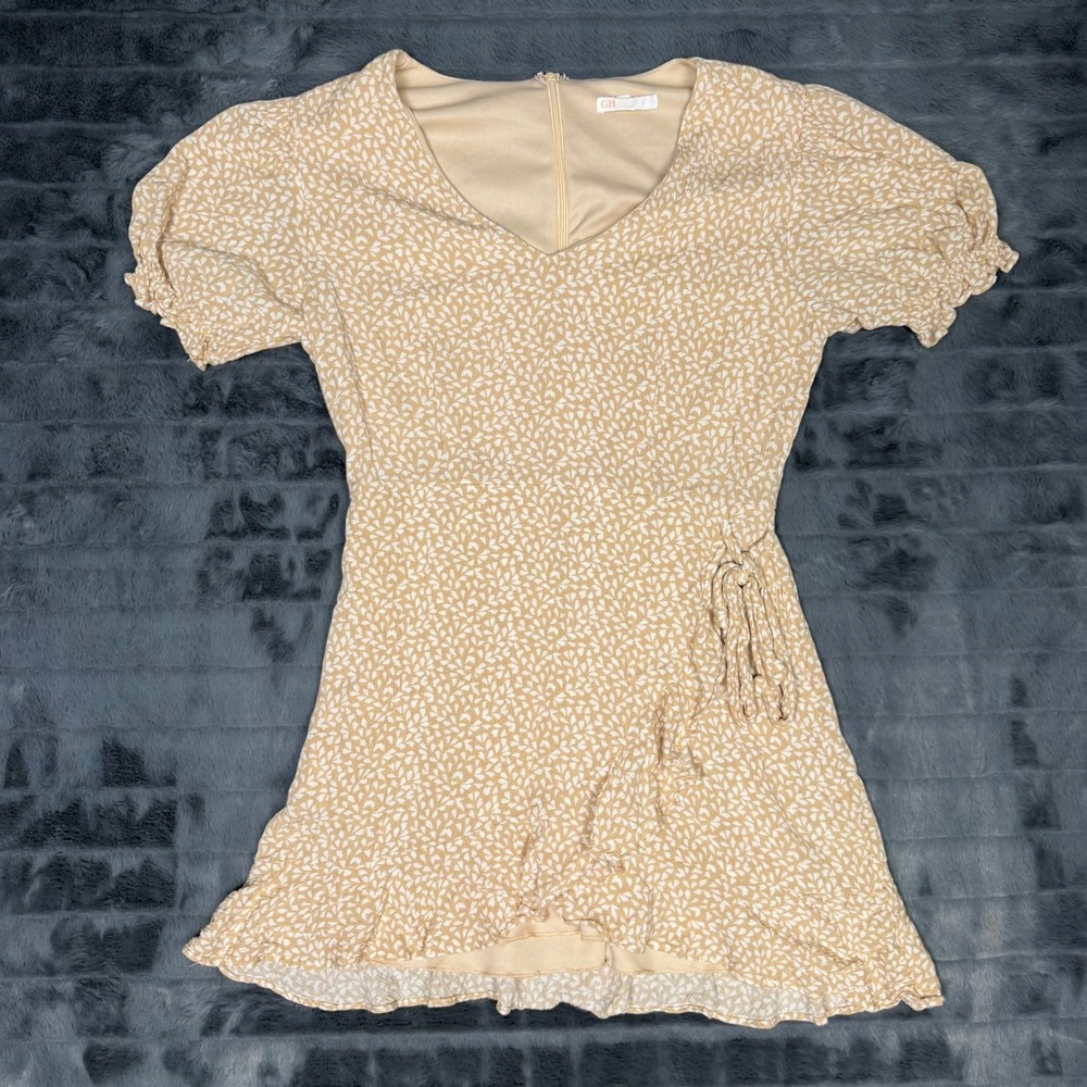 GB Tan White Leaf Print V-Neck Puff Sleeve Ruffle Wrap Dress DJDW297-JHL Small